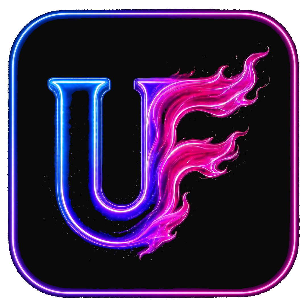 Ultfans UF mark — SHIPPED letters, neon frame, black fill